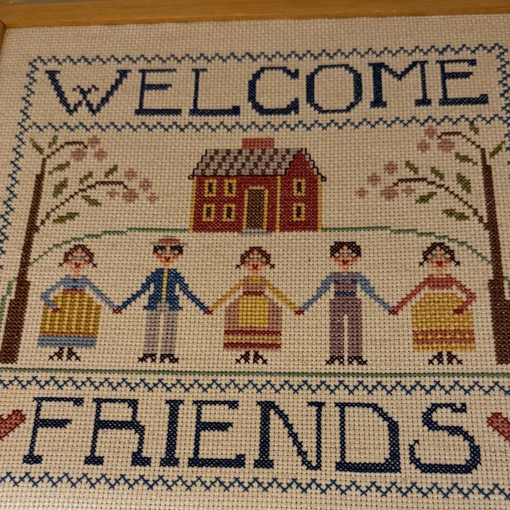 Welcome Friends Framed Needlework Wall Art - Blue and Cream - Picture 5 of 9